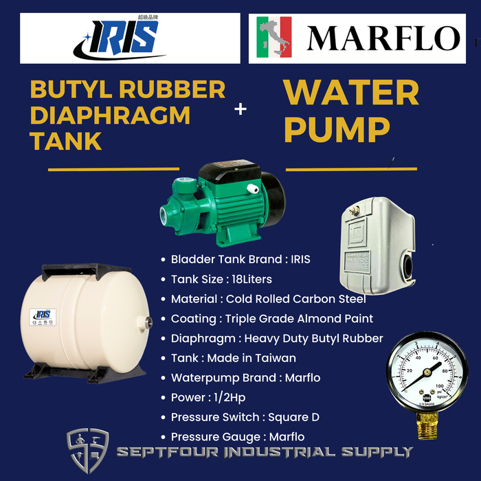 Marflo 1/2HP JET waterpump with Horizontal Bladder/ Butyl Rubber Diaphragm Tank (set)