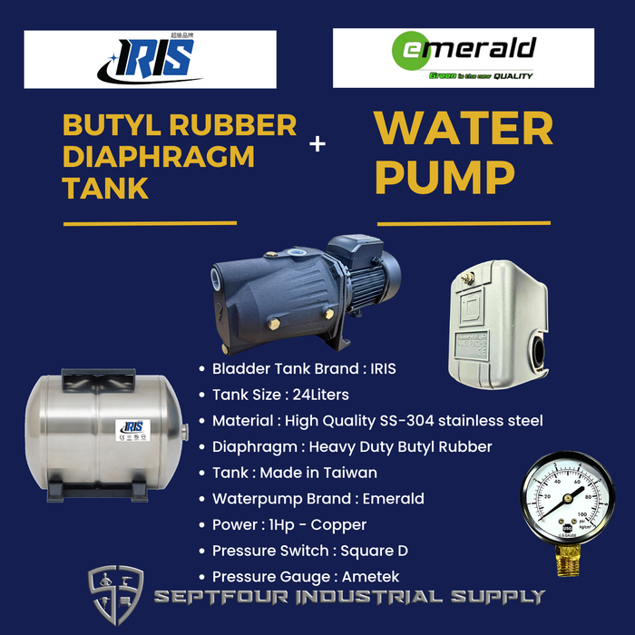 Emerald 1HP Jet Pump with Horizontal Bladder Tank/Butyl Rubber Diaphragm Tank (set)