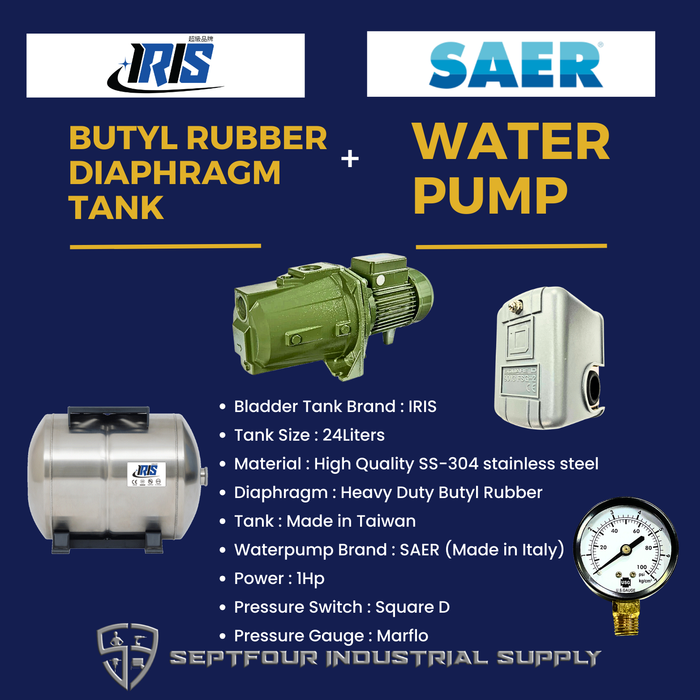 SAER 1HP JET Waterpump (Made in Italy) with Horizontal Bladder Tank/Butyl Rubber Diaphragm Tank (set)