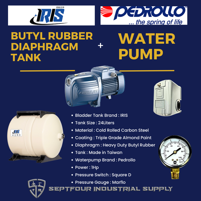 Pedrollo 1HP JET waterpump (Made in Italy) with Horizontal Bladder Tank/Butyl Rubber Diaphragm Tank (set)