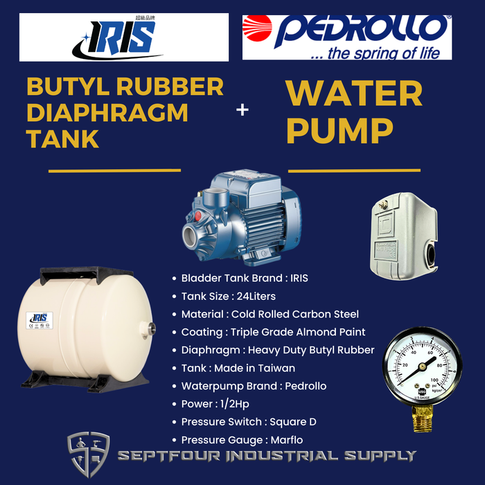 Pedrollo 1/2 HP JET Waterpump with Horizontal Bladder/ Butyl Rubber Diaphragm Tank (set)