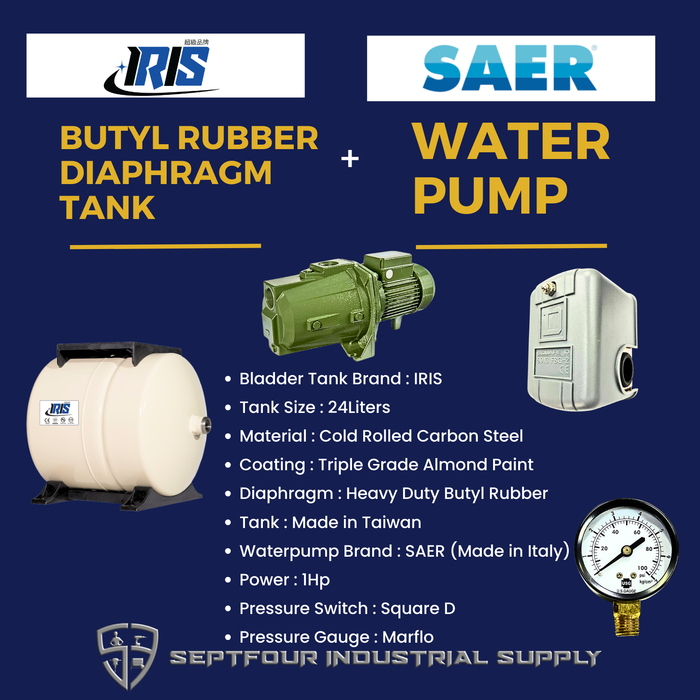 SAER 1HP JET Waterpump (Made in Italy) with Horizontal Bladder Tank/Butyl Rubber Diaphragm Tank (set)