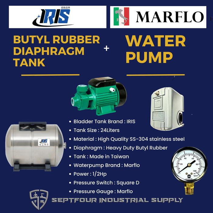 Marflo 1/2HP JET waterpump with Horizontal Bladder/ Butyl Rubber Diaphragm Tank (set)