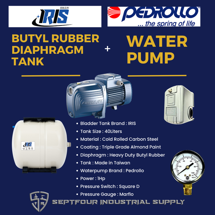 Pedrollo 1HP JET waterpump (Made in Italy) with Horizontal Bladder Tank/Butyl Rubber Diaphragm Tank (set)