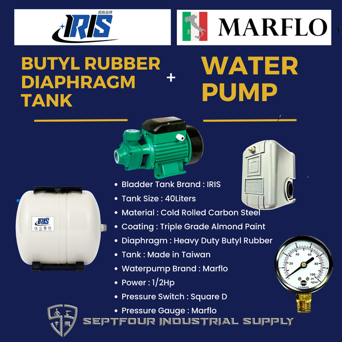 Marflo 1/2HP JET waterpump with Horizontal Bladder/ Butyl Rubber Diaphragm Tank (set)