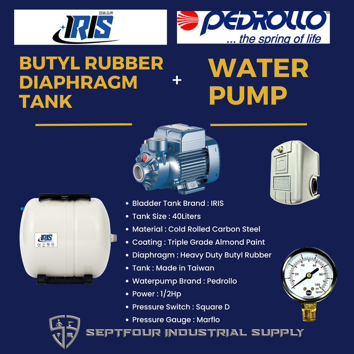 Pedrollo 1/2 HP JET Waterpump with Horizontal Bladder/ Butyl Rubber Diaphragm Tank (set)