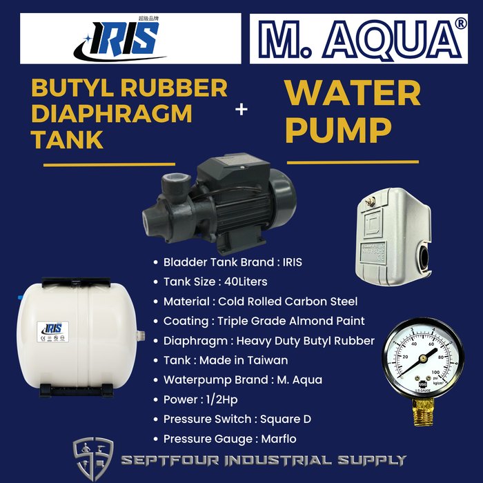 M. Aqua 1/2HP JET Waterpump with Horizontal Bladder/Butyl Rubber Diaphragm Tank (SET)