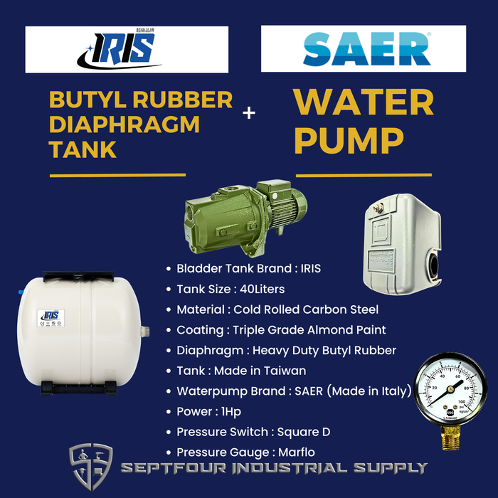 SAER 1HP JET Waterpump (Made in Italy) with Horizontal Bladder Tank/Butyl Rubber Diaphragm Tank (set)