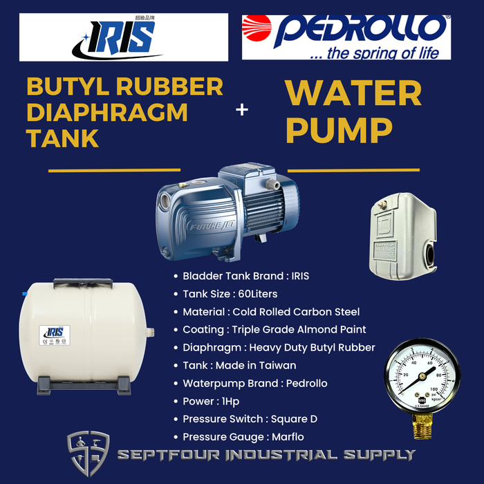 Pedrollo 1HP JET waterpump (Made in Italy) with Horizontal Bladder Tank/Butyl Rubber Diaphragm Tank (set)