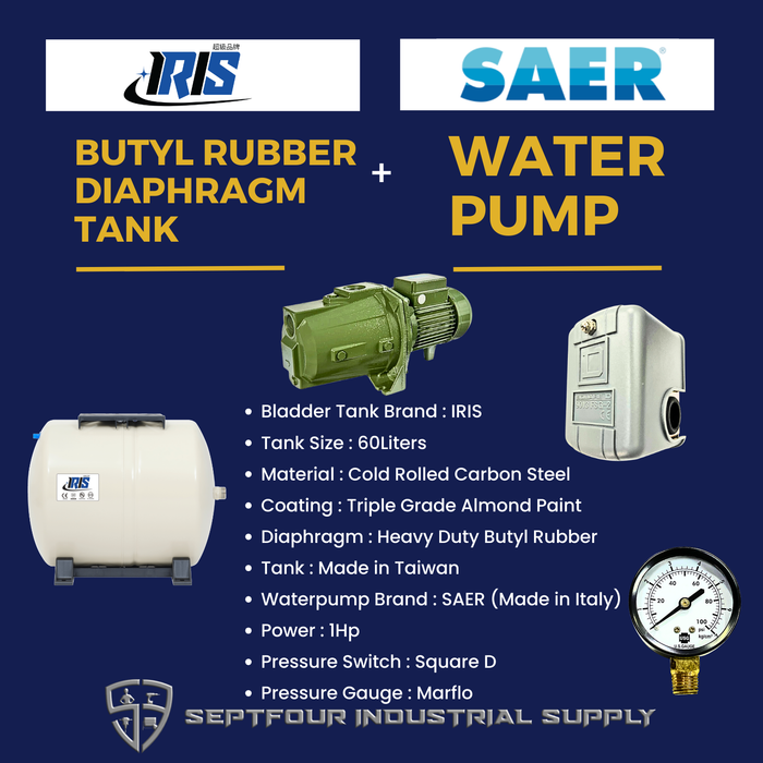 SAER 1HP JET Waterpump (Made in Italy) with Horizontal Bladder Tank/Butyl Rubber Diaphragm Tank (set)