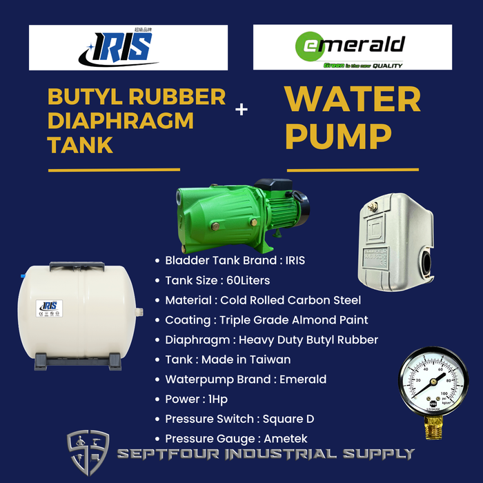 Emerald 1HP Jet Pump with Horizontal Bladder Tank/Butyl Rubber Diaphragm Tank (set)