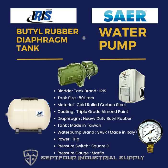 SAER 1HP JET Waterpump (Made in Italy) with Horizontal Bladder Tank/Butyl Rubber Diaphragm Tank (set)