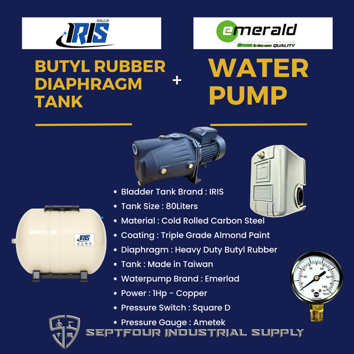 Emerald 1HP Jet Pump with Horizontal Bladder Tank/Butyl Rubber Diaphragm Tank (set)