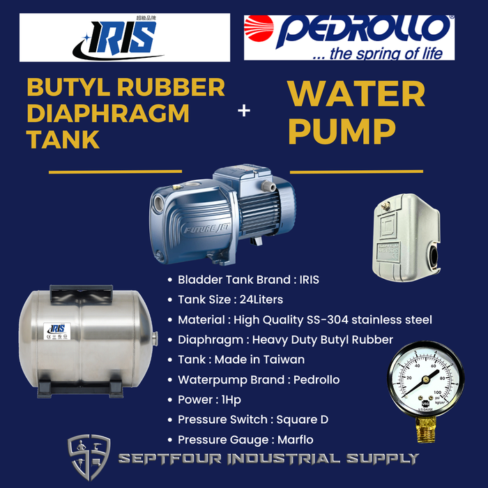 Pedrollo 1HP JET waterpump (Made in Italy) with Horizontal Bladder Tank/Butyl Rubber Diaphragm Tank (set)