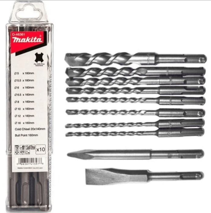 Makita 10pcs TCT Drill Bit & Chisel Set for SDS-PLUS Hammers (Plastic Case)  D-46361