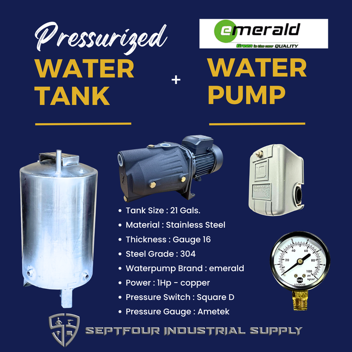 Emerald 1/2Hp or 1Hp JET Waterpump with Stainless Steel Pressurized Tank  Switch and Gauge (set)