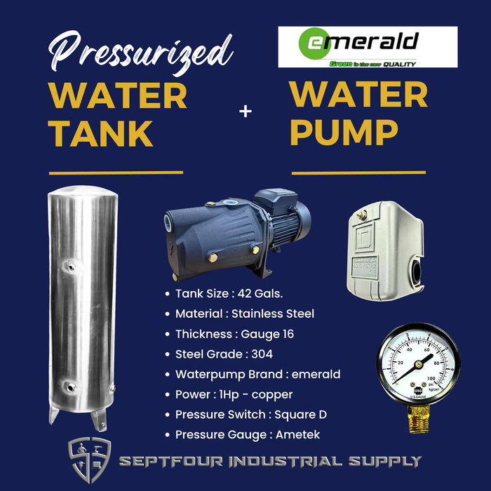 Emerald 1/2Hp or 1Hp JET Waterpump with Stainless Steel Pressurized Tank  Switch and Gauge (set)