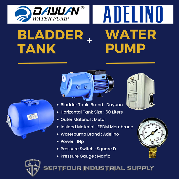 Adelino 1HP JET waterpump with 24L/36/50L/60L/80L/100L Dayuan Horizontal Bladder Tank (set) AJ75/SGJW75