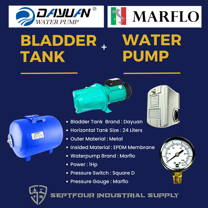 MARFLO ITALY 1HP JET waterpump with 24L/36/50L/60L/80L/100L Dayuan Horizontal Bladder Tank (set) MF JET100