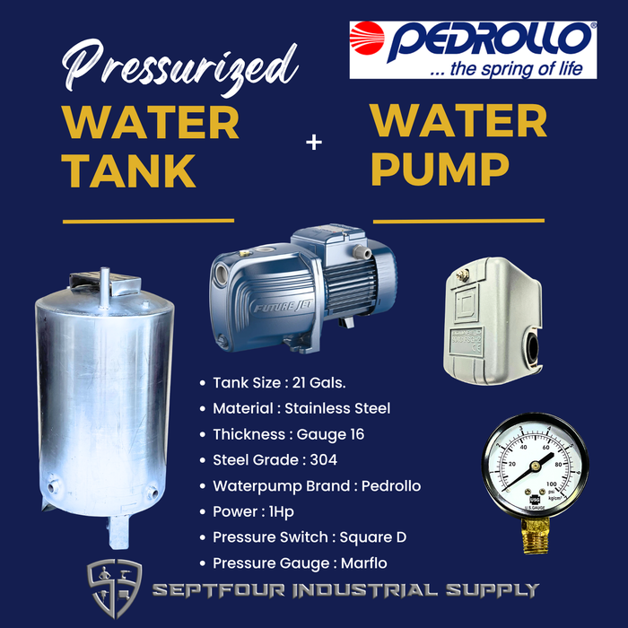 PEDROLLO 1/2Hp or 1Hp Waterpump (Made in Italy) with Stainless Steel Pressurized Tank