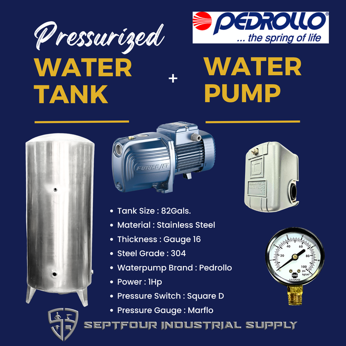PEDROLLO 1/2Hp or 1Hp Waterpump (Made in Italy) with Stainless Steel Pressurized Tank