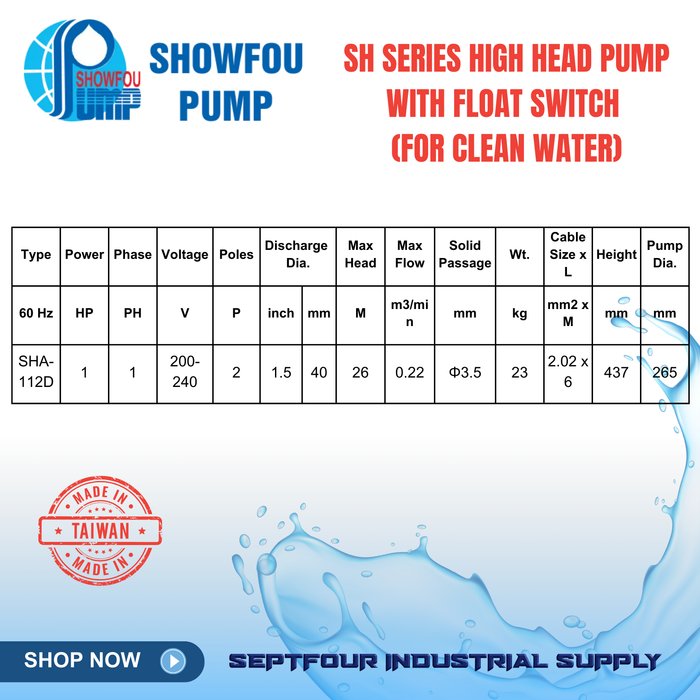 SHOWFOU 1HP (SHA) Series Submersible High Head Pump with Mac 3 Float Switch (SHA) 自動浮球幫浦 (FOR CLEAN WATER) - Made in Taiwan