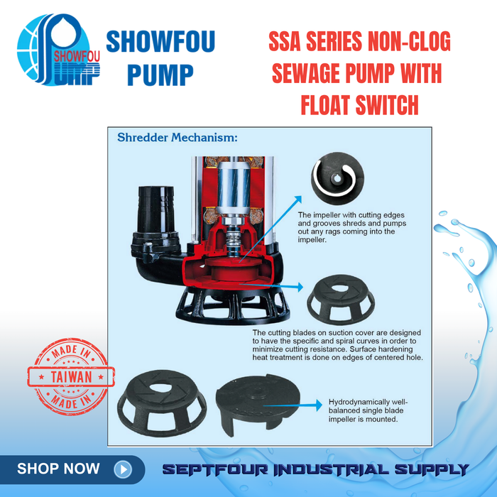 SHOWFOU (SSA) series Non-Clog Sewage Pump with Mac 3 Float Switch 不阻塞污物幫浦 - Made in Taiwan