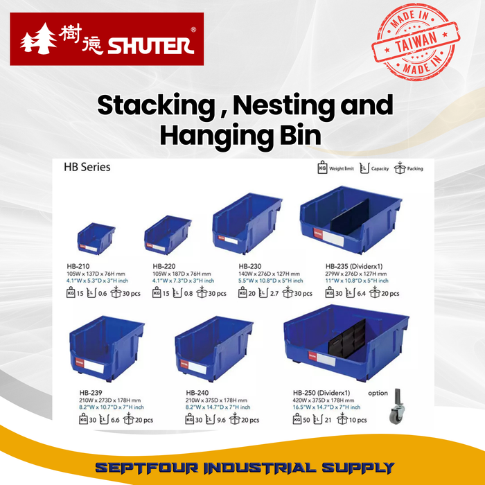 SHUTER  Stacking, Nesting & Hanging Bin for Parts Storage Made In Taiwan