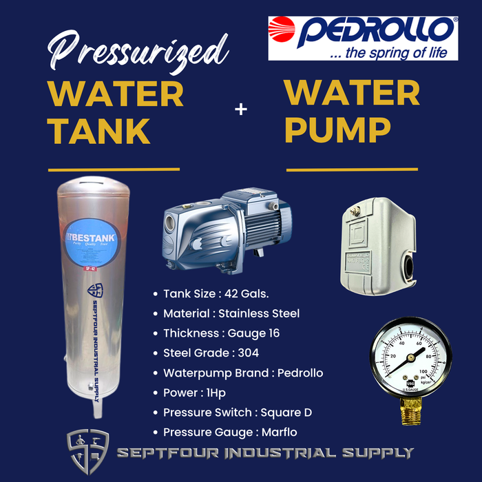 PEDROLLO 1/2Hp or 1Hp Waterpump (Made in Italy) with Stainless Steel Pressurized Tank