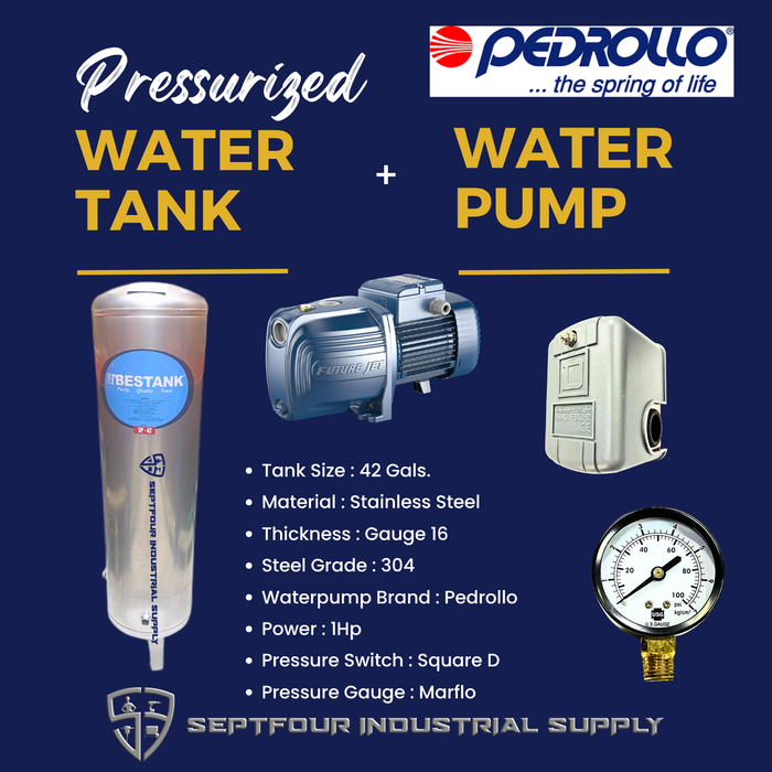 PEDROLLO 1/2Hp or 1Hp Waterpump (Made in Italy) with Stainless Steel Pressurized Tank