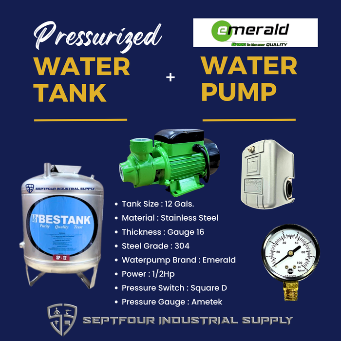 Emerald 1/2Hp or 1Hp JET Waterpump with Stainless Steel Pressurized Tank  Switch and Gauge (set)