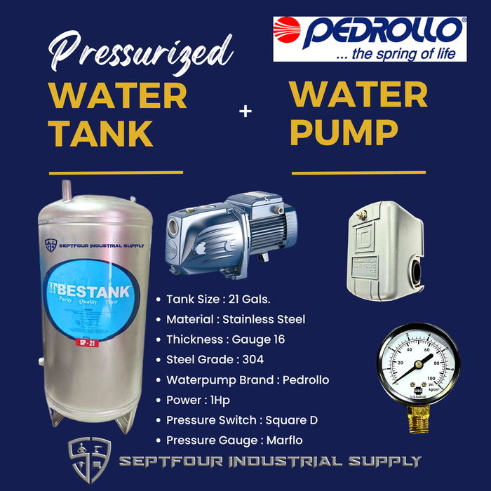 PEDROLLO 1/2Hp or 1Hp Waterpump (Made in Italy) with Stainless Steel Pressurized Tank