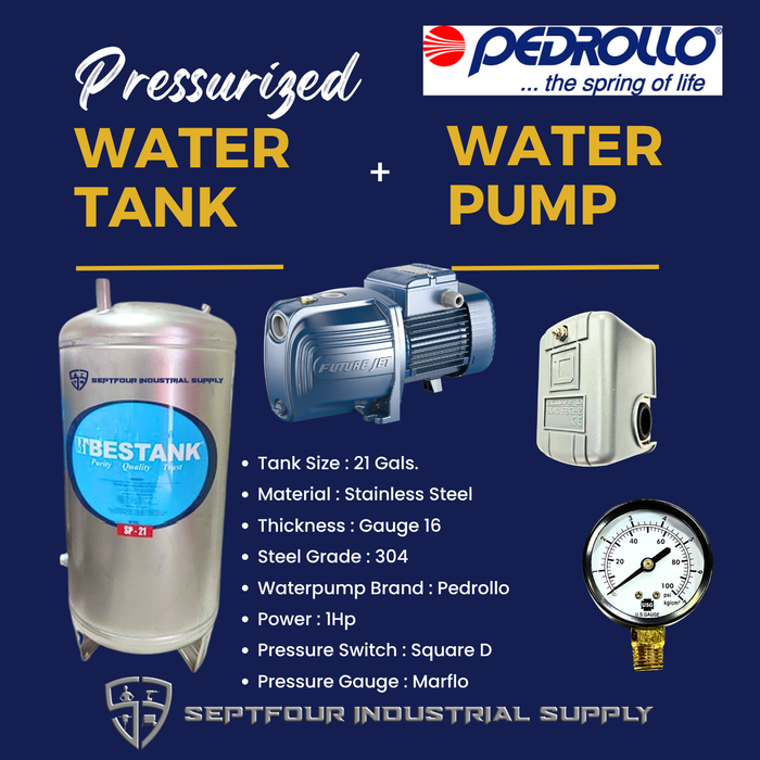PEDROLLO 1/2Hp or 1Hp Waterpump (Made in Italy) with Stainless Steel Pressurized Tank