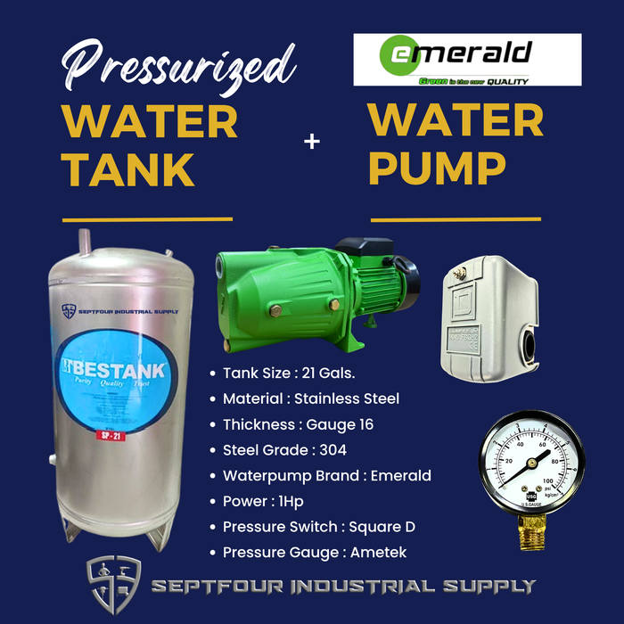 Emerald 1/2Hp or 1Hp JET Waterpump with Stainless Steel Pressurized Tank  Switch and Gauge (set)