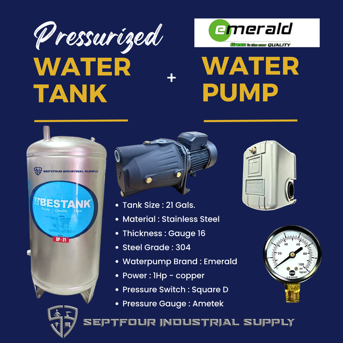 Emerald 1/2Hp or 1Hp JET Waterpump with Stainless Steel Pressurized Tank  Switch and Gauge (set)
