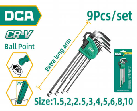 DCA Extra Long Ball Point Hex Key Set 9 Pcs A09D0103