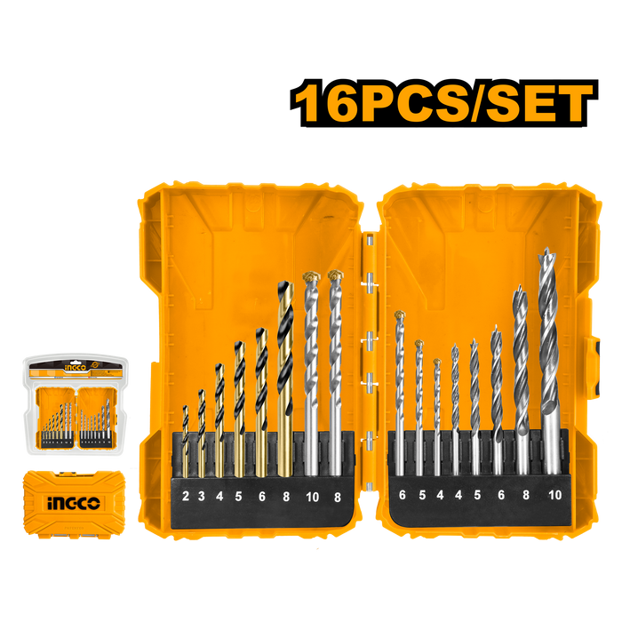 Ingco 16pcs Metal Concrete And Wood Drill Bit Set AKDL11601