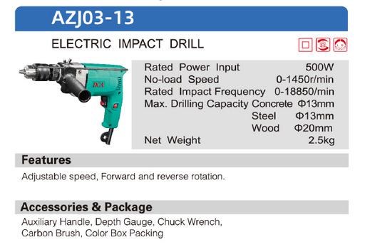DCA 13mm 500Watts Electric Impact Drill AZJ03-13 - SEPTFOUR INDUSTRIAL SUPPLY